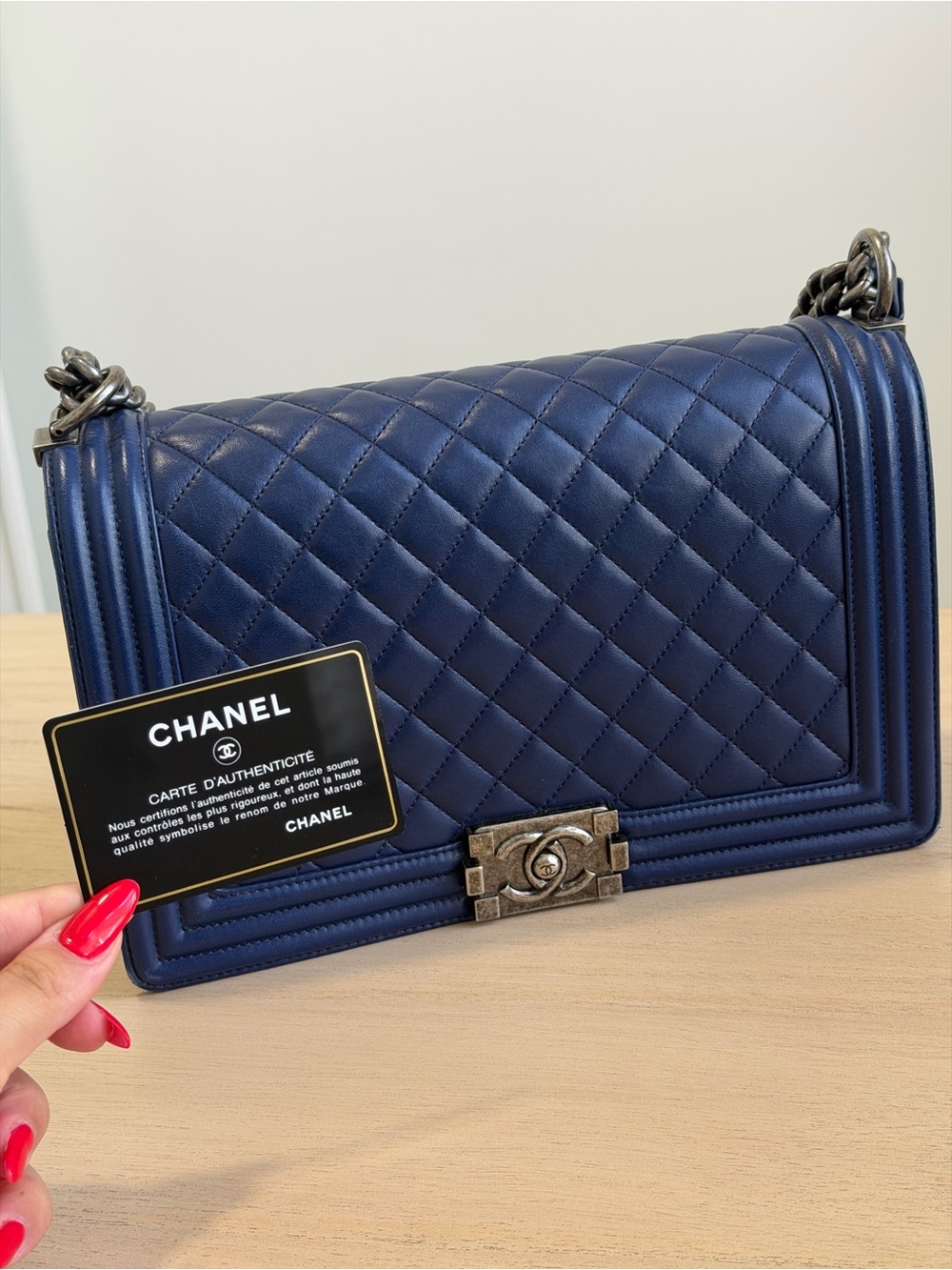 CHANEL Navy Boy Flap Bag Quilted Lambskin Medium with Aged Hardware